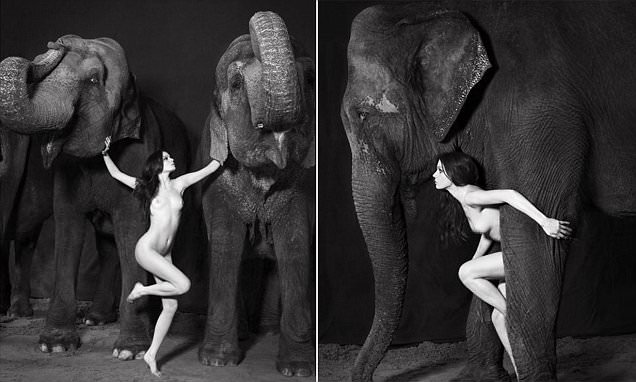 Model poses naked with circus elephants in stunning images