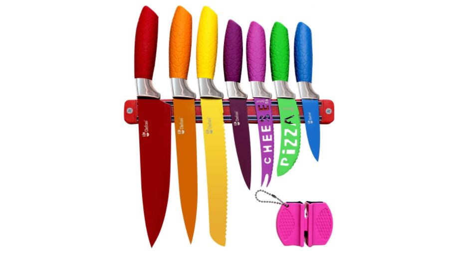 Kitchen Knife Set Plus Magnetic Strip and Sharpener by Chefcoo All-in-One Cutlery Knives - Best Color Cooking Gadgets - Includes Cheese, Pizza, Paring, Utility, Slicer, Bread and Chef Knives available on Amazon click here