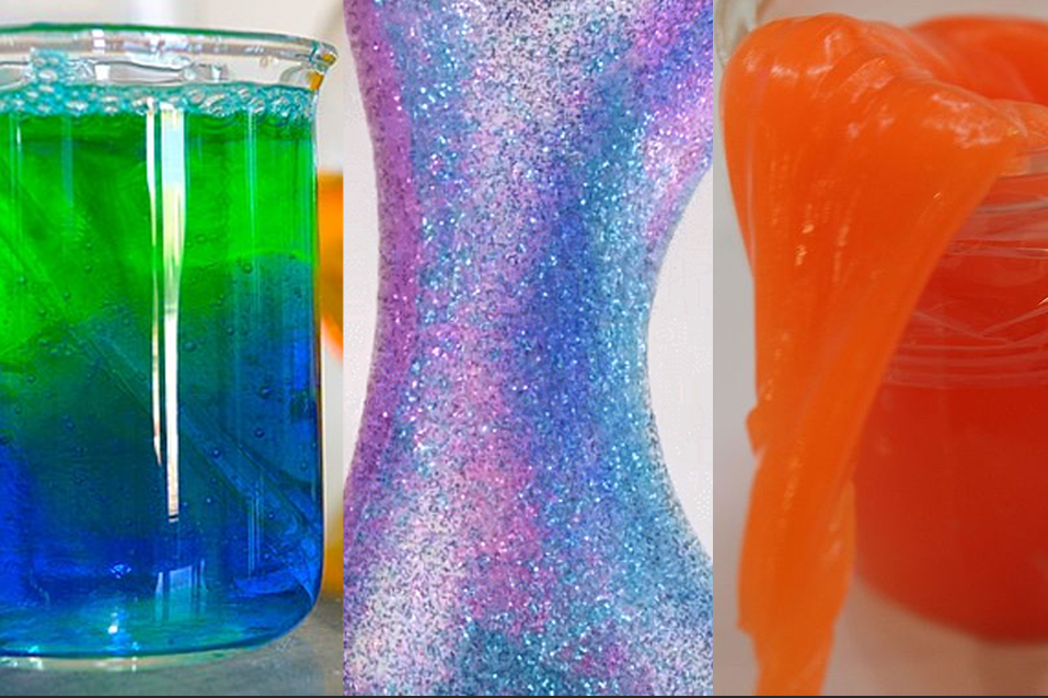 How to make slime. (Photo of transparent slime, glitter slime, and fluffy slime).