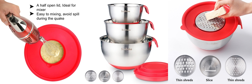 SveBake Mixing Bowls - Stainless Steel Mixing Bowl Set with Handles, Pour Spouts, Non-Slip Base and Graters, Set of 3, Red available on Amazon click here
